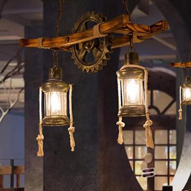 Imagem de Luminária pendente de madeira, estilo vintage, industrial, em metal, retrô, para mesa de jantar, lustre, soquete E27, ideal para decoração de quartos, salas de estar, cozinhas, lofts e bares