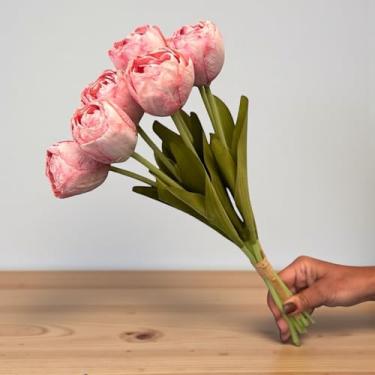 Imagem de Kit 5 Buquês com 7 Tulipas Em Cada Com Folhagens Artificial Para Decoração Arranjos Casamentos (Rosa Chiclete)