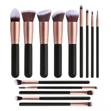 Imagem de Conjunto de pincéis de maquiagem, 14 pincéis de maquiagem profissional, corretivo, blush, pó, bronzer, aplicador, pincel de maquiagem (preto dourado)