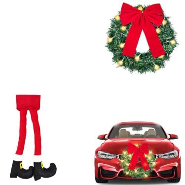 Imagem de Yixin Kit de chifres de rena de carro com 6 peças de enfeite de Natal com luzes LED para pendurar pernas de Papai Noel e guirlanda de Natal acessórios automotivos decorações de carro de Natal (vermelho-6 peças)