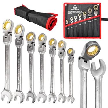 Imagem de Socpuro Conjunto de chaves de catraca com combinação de 7 peças, chave inglesa de aço CR-V, chaves catraca de anel de engrenagem de 72 dentes com bolsa de rolamento (cabeça flexível, SAE)