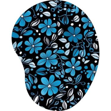 Imagem de Mouse Pad Ergonômico Gota Flores Azuis e Folhas Cinzas Fundo Preto