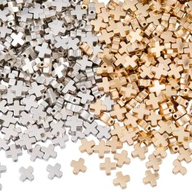 Imagem de SOFPLATE 200 peças, 2 cores, contas de cruz, ouro, cruzes, prata, espaçador, contas a granel, 8 x 8 mm, CCB, plástico, pequeno, crucifixo de Páscoa, berloque, espaçadores soltos para brinco, pulseira