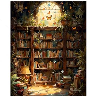 Imagem de Kit de pintura por números de biblioteca de jardim para adultos – Livros DIY e borboletas em pintura de luz de janela em tela, conjunto de tinta acrílica para iniciantes, arte para decoração de casa