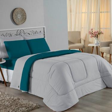 Imagem de Kit Edredom Dupla Face + Jogo De Lençol King Nobre 6 Peças Malha 100% Algodão - Cinza / Petróleo