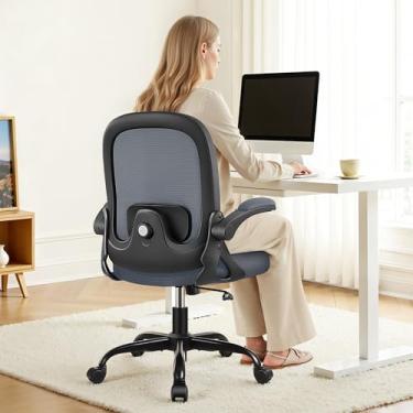 Imagem de Primy Cadeira de escritório ergonômica com suporte lombar 3D ajustável e altura, cadeira de computador de malha confortável com apoios de braços flip-up, cadeira giratória com rodas para escritório em