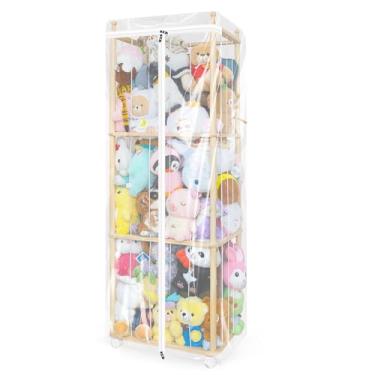 Imagem de LeeHermay Armário de armazenamento de animais de pelúcia de madeira, caixa grande de brinquedo de pelúcia de 147 cm que economiza espaço, zoológico de animais de pelúcia fácil de montar, adequado para