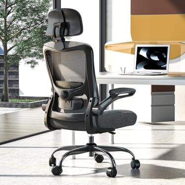 Imagem de Zeonsit Cadeira de escritório ergonômica, cadeira de mesa de malha com encosto alto com suporte lombar ajustável e encosto de cabeça, apoio de braço flip-up, cadeiras de tarefas de computador para