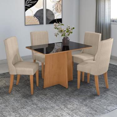 Imagem de Conjunto Mesa Celebrare 120x80cm com vidro Preto C/4 Cad Celina Linho Rinzai Bege Amêndoa/off White