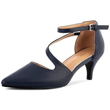 Imagem de Greatonu Sapato feminino de salto baixo fechado bico fino salto gatinho alça cruzada casamento festa nupcial escritório sapatos sociais, Azul marino, 41