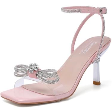 Imagem de Susanny Sapato feminino fechado Rhinstone casamento salto baixo slingback transparente gatinho, tira ajustável, bico fino, salto alto, vestido de formatura, Rosa + bl, 36