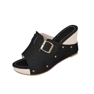 Imagem de Sandálias femininas com fivela para primavera e verão, sapatos casuais de design de palha com salto de 8,5 cm, Preto, 36