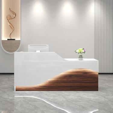 Imagem de Balcão de recepção com veias brancas com gaveta e bandeja de teclado - 140 cm x 49,8 cm x 99,8 cm - Ideal para mesas de caixa de salão e escritório, móveis modernos de varejo com luz LED