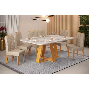 Imagem de Conjunto: Mesa de Cozinha Celeste c/ Tampo Madeirado Retangular 170x90cm e 6 Cadeiras Lia Cedro/Quartzo - Suede Kraft - DJ Móveis