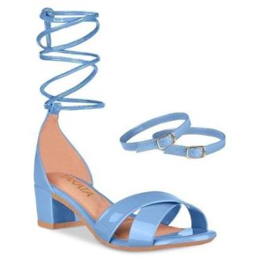 Imagem de Sandalia Feminina De Amarração Tiras Cruzadas Salto Bloco Grosso Quadrado Baixo Verniz-Feminino