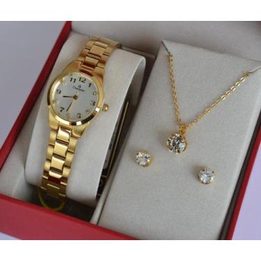 Imagem de Relogio champion feminino pequeno dourado ch26846w + kit semi joia
