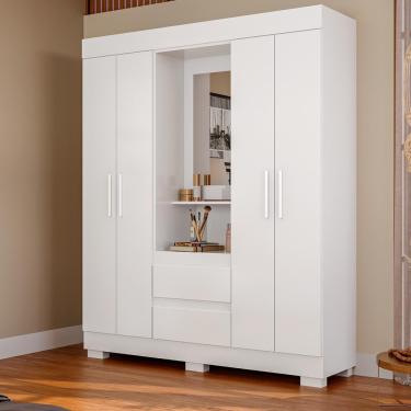 Imagem de Guarda Roupa Casal Portugal 4 Portas 2 Gavetas MDP com Espelho Bege Médio Branco