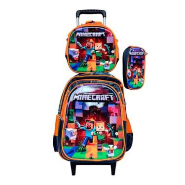 Imagem de Kit Mochila Minecraft com Rodinhas + Lancheira Térmica + Estojo Escola