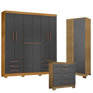 Imagem de Guarda Roupa Casal Londres com Cômoda 4 Gavetas New e Armário Multiuso Versatile Carval...