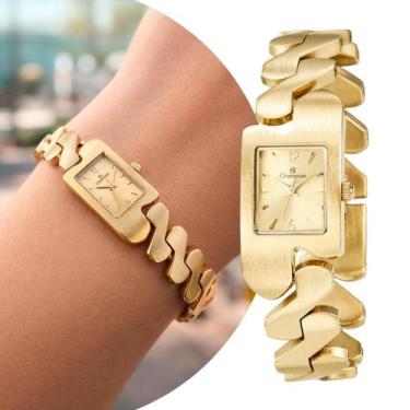 Imagem de Relógio Feminino Dourado Quadrado com Caixa e Pulseira de Aço Inoxidáv