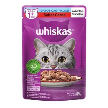 Imagem de Ração Whiskas para Gatos Castrado Carne 85g - Embalagem com 20 Unidade