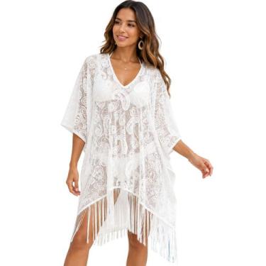 Imagem de Saída De Praia Feminina Renda Franjas Kimono Verão Piscina - - anjo da