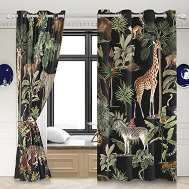 Imagem de Yeele Cortinas blackout de leopardo com estampa de animais da selva tropical de 53 x 137 cm, animais da selva tropical com ilhoses da vida selvagem africana elefante girafa para sala de estar, quarto, à prova d'água, poliéster, cortinas 2 painéis