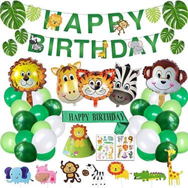 Imagem de Decoração de aniversário de safári, artigos de festa temáticos da selva, faixa de aniversário, chapéu de faixa com balões de animais para crianças e meninos, decoração de aniversário