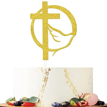 Imagem de Topo de bolo religioso, cruz com pomba, enfeite de espírito santo, enfeite de confirmação, noivado, casamento, despedida de solteira, chá de panela, decorações de festa de aniversário de casamento, ouro