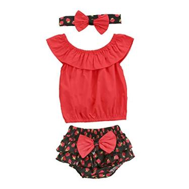 Imagem de Camiseta com laço infantil Headbnads calções infantis morango roupas estampadas para bebês tops meninas (preto, 1-2 anos)