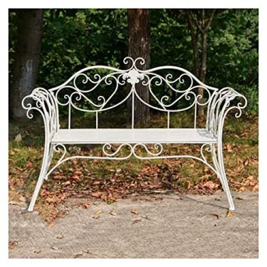 Imagem de KIZQYN Banco de jardim banco ao ar livre cadeira de banco de jardim de metal 2 lugares estilo country banco de lazer para jardim, quintal, pátio, varanda e marquise (branco/verde) bancos ao ar livre (cor: ouro)