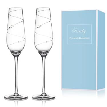 Imagem de Parihy Conjunto de 2 taças de champanhe, taças de champanhe para noiva e noivo, flautas de de casamento, design cortado à mão, enfeitado com cristais, festa de aniversário, banquetes de