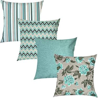 Imagem de Kit 4 Capas de Almofadas Floral, Chevron, Listrado e Liso Verde Água Impermeável 45x45cm