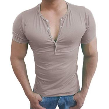 Imagem de Camisa Henley Viscose Camiseta Slim Botão Manga Curta Sjons (Bege, P)