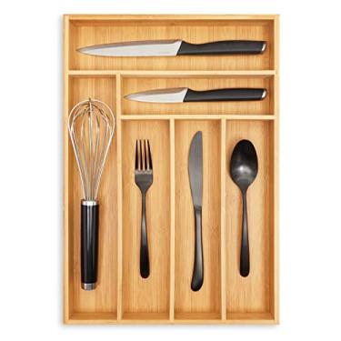 Imagem de Juvale Organizador de gaveta de talheres de bambu, suporte de bandeja de talheres de madeira para cozinha, talheres e utensílios com 6 compartimentos, 43 x 30 x 4 cm
