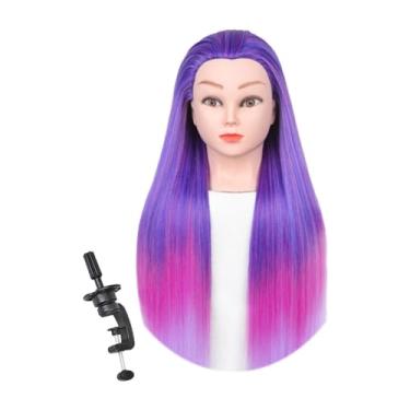 Imagem de harayaa Cabeça de manequim para treinamento, cabeça de boneca longa de fibra sintética colorida para cabeleireiro, modelo de treinamento para enrolamento de, Rosa Violeta Gradual