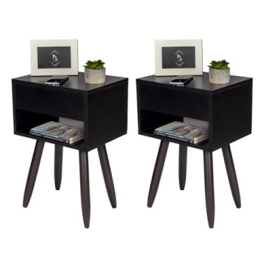Imagem de Kit 2 Mesas De Cabeceira Retro PRETO 55cm De Altura Pés Marrom Escuro - Enviamos Montada