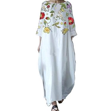 Imagem de UIFLQXX Vestido feminino plus size verão vintage estampa floral vestido longo gola redonda manga 3/4 casual vestido solto, Branco, M