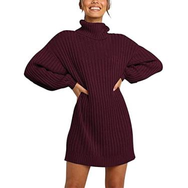 Imagem de Vestido feminino solto de gola rolê suéter de manga comprida vestido de suéter outono inverno sólido vestido midi grande, Vermelho, M