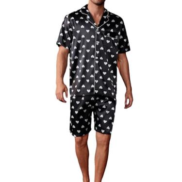 Imagem de WDIRARA Conjunto de pijama masculino de 2 peças com estampa colorida e botões frontais, conjunto de pijama de cetim e shorts, Preto e branco, Large