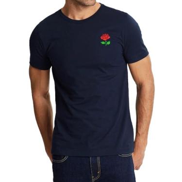 Imagem de Camisetas masculinas casuais com bordado de flor rosa de algodão premium, confortável, macia e manga curta, Azul marino, P