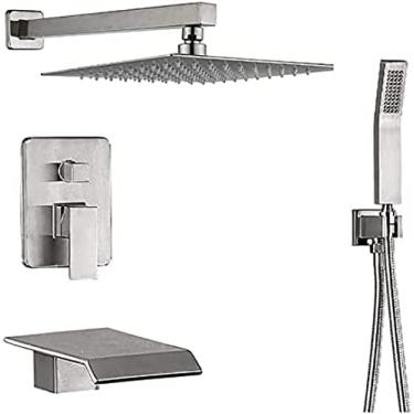 Imagem de Conjunto de torneira misturadora de chuveiro Sistema de chuveiro triplo de 10 polegadas quadradas Chuveiro de chuva Kit completo de chuveiro com bico de banheira em cascata - Níquel escovado