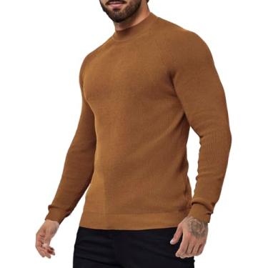 Imagem de ICEMOOD Suéter masculino de gola redonda slim fit meia gola rolê curto gola alta leve manga longa, Gengibre, XX-Large
