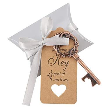 Imagem de QANYEGN Conjunto De Abridor De Garrafas De Chave De Bronze Vintage Com Etiqueta De Acompanhante E Fita De Seda, Perfeito Para Decorações De Casamento E Festas De Fim De Ano(50pcs+candy box+ribbon)
