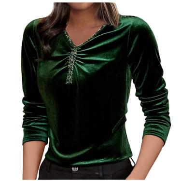 Imagem de Tops femininos outono inverno manga curta gola V veludo elegante franzido blusas camisas femininas 2024, K-568 verde-limão, XXG