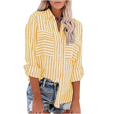 Imagem de Cardigã feminino listrado camiseta solta para mulheres gola tartaruga linho inverno outono camiseta 2024 Y2K, R-726 Amarelo Mostarda, XG