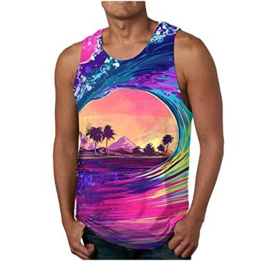 Imagem de Camiseta havaiana regata esportiva tropical academia coletes de praia para homens outono verão gola canoa estampa floral colete masculino 2024, Q-858 Roxo, XG