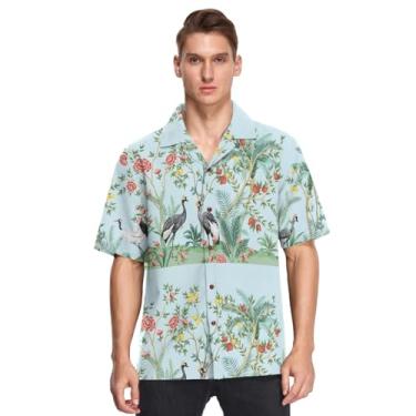 Imagem de Camisetas masculinas havaianas de manga curta com botões florais palmeiras tropicais guindaste pássaro animal festa, Chinoiserie Floral Palm Tropical Tree Crane Bird, GG
