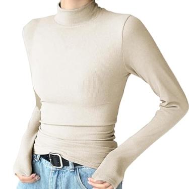 Imagem de Blusa feminina casual sexy com ombro de fora, caimento justo, manga comprida, assimétrico, cropped Y2K, justa, franzida, Bege, XXG