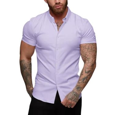Imagem de URRU Camisa social masculina slim fit stretch manga curta casual abotoada para homens, Manga curta - roxo claro, P